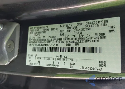 2017 Ford Escape Se из США, поврежденный, VIN 1FMCU0GD4HUC12118